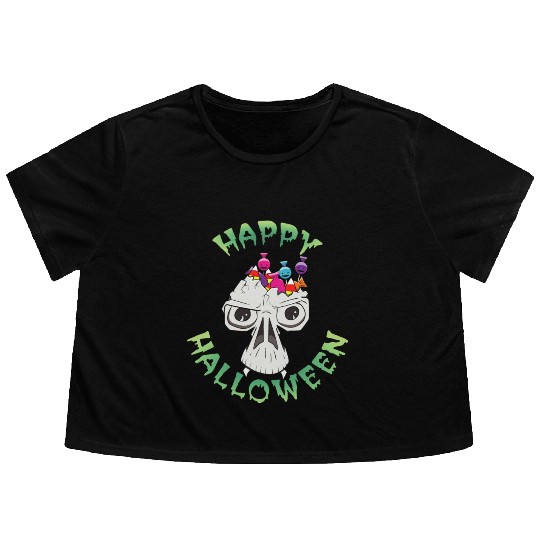 Candy Skull Happy Halloween Cartoon Flowy Cropped Tees