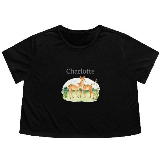 Forest Animal Deer Flowers Name Charlotte Flowy Cropped Tees