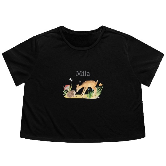 Forest Animal Deer Hedgehog Flowers Name Mila Flowy Cropped Tees