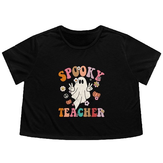 Groovy Halloween Spooky Teacher Cute Halloween Flowy Cropped Tees