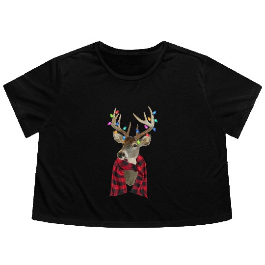 Reindeer Plaid Deer Buffalo Holiday Christmas Flowy Cropped Tees