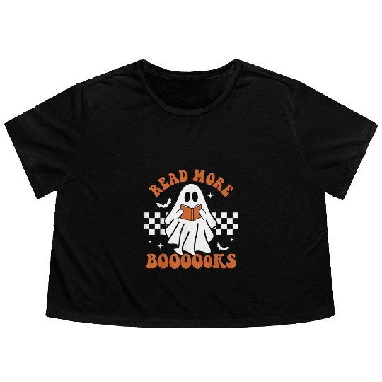 Cute Booooks Ghost Read More Books Funny Teacher Flowy Cropped Tees