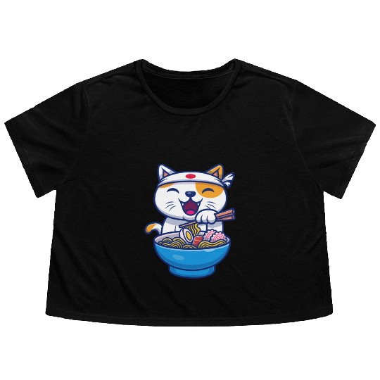 Ramen Cute Cat Japan Kawaii Flowy Cropped Tees