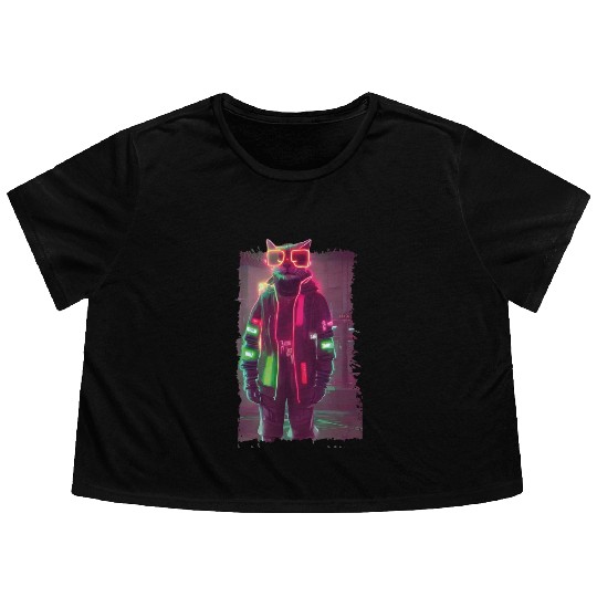 Cyberpunk Cat Flowy Cropped Tees