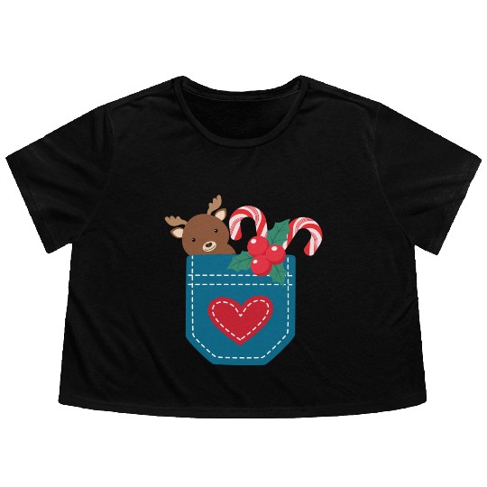Christmas moose peppermint pocket Flowy Cropped Tees