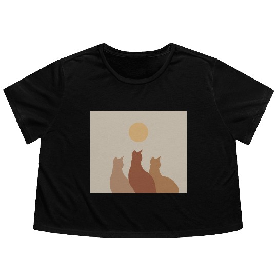 Abstract Boho Cats Relaxed Aesthetic Beige Minimal Flowy Cropped Tees