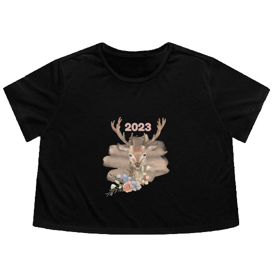 Brown Beige Watercolor Illustrated Deer Flowy Cropped Tees