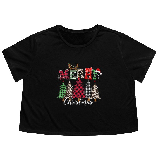 Merry Christmas Leopard Red Plaid Apparel Flowy Cropped Tees