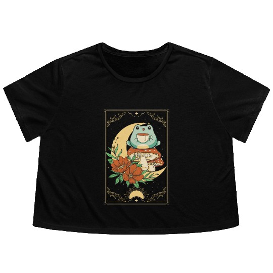 Cottagecore Aesthetic Tarot Card Frog Sipping Tea Flowy Cropped Tees