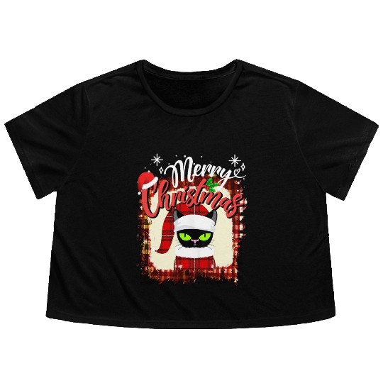Red Plaid black cat Santa hat Christmas Flowy Cropped Tees