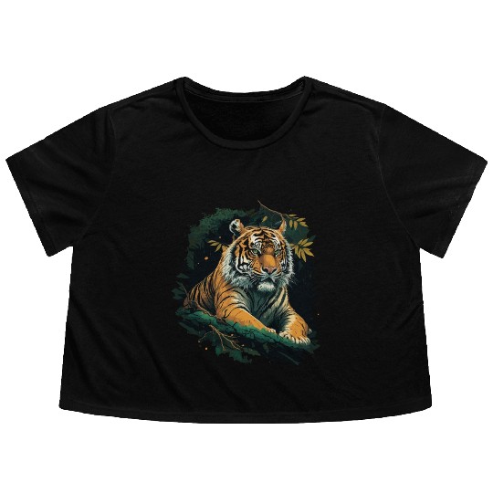 Tiger sitting in Jungle Flowy Cropped Tees