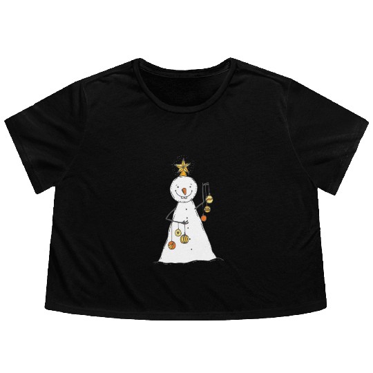 funny snowman with mustache and carrot Flowy Cropped Tees
