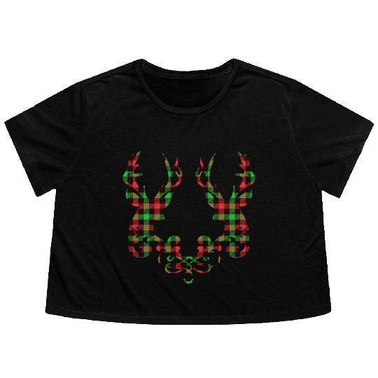 Buffalo plaid deer couple Flowy Cropped Tees