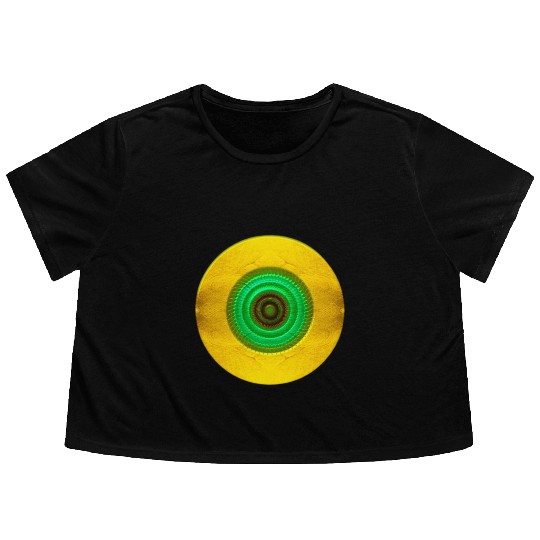 Golden-Green Geometric Circular Pattern Flowy Cropped Tees