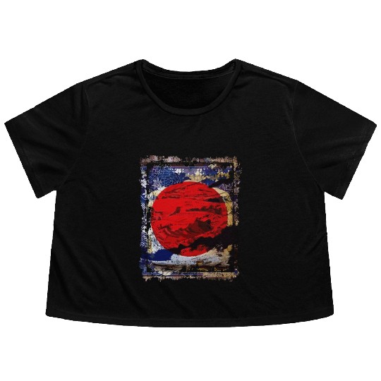 Japan Flag Red Circle Blue Mountain Collage Art 74 Flowy Cropped Tees