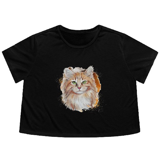 Watercolor Splash Beautiful Brown Cat Flowy Cropped Tees