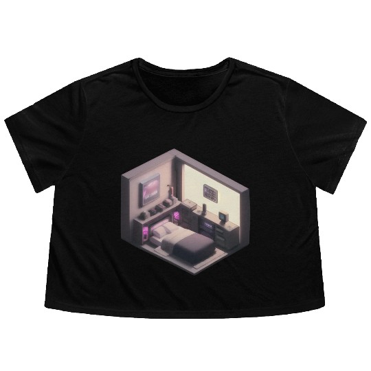 Isometric Bedroom - Synthwave Retro Future Room Flowy Cropped Tees