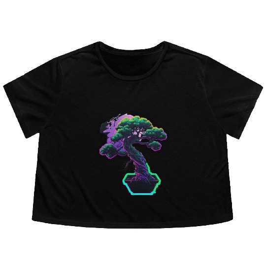 Synthwave Bonsai Tree Flowy Cropped Tees