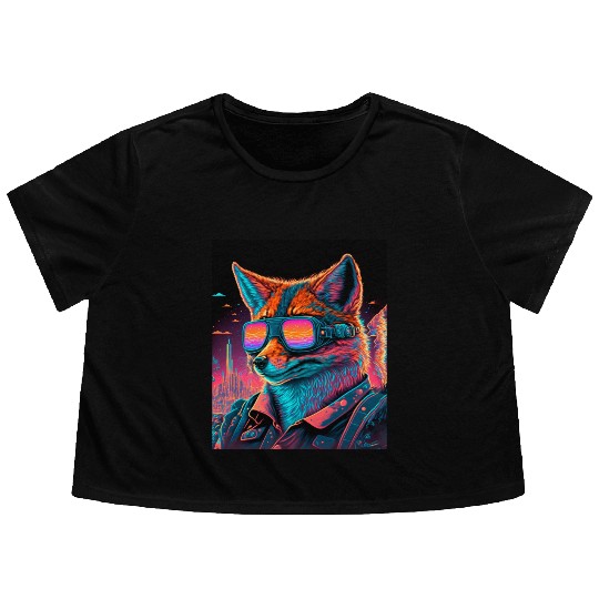 Retro Futuristic Synthwave Fox Flowy Cropped Tees