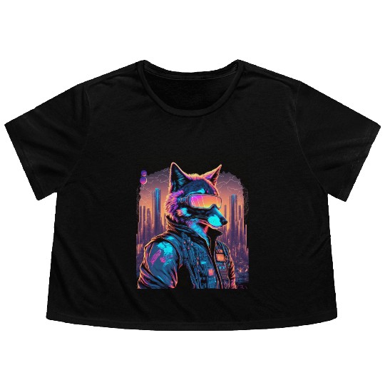 Retro Futuristic Synthwave Fox Flowy Cropped Tees