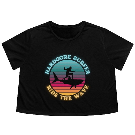 Hardcore Shark Surfer Ride the Wave Sunset Neon Flowy Cropped Tees