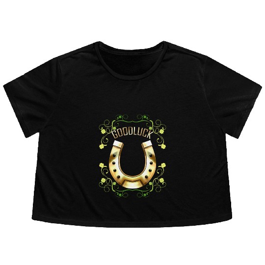 Good Luck With A Golden Horseshoe For Irish St Flowy Cropped Tees