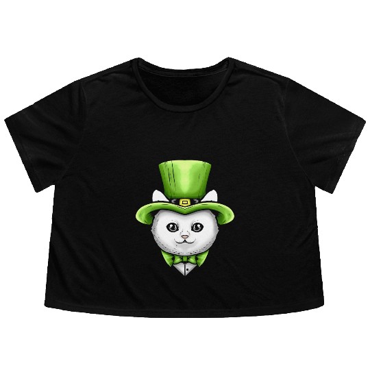 Cute Kawaii Cat With Leprechauns Hat On St Flowy Cropped Tees