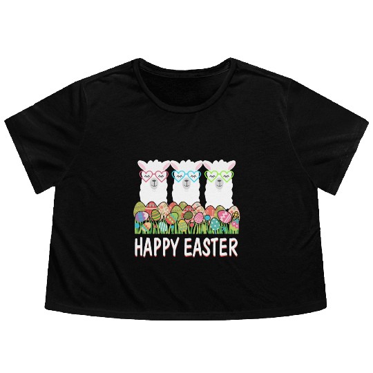 Happy Easter Eggs Easter Llama Alpaca Bunny Flowy Cropped Tees