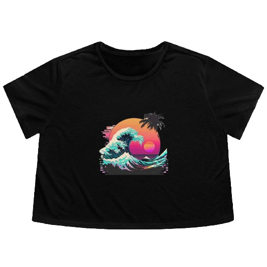 Vaperwave Aesthetic Glitch Great Wave Retrowave Sy Flowy Cropped Tees