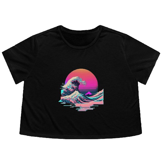 Vaperwave Aesthetic Glitch Great Wave Retrowave Sy Flowy Cropped Tees