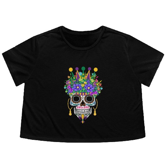 Mardi Gras Mask Flower Sugar Dia De Los Muertos Flowy Cropped Tees