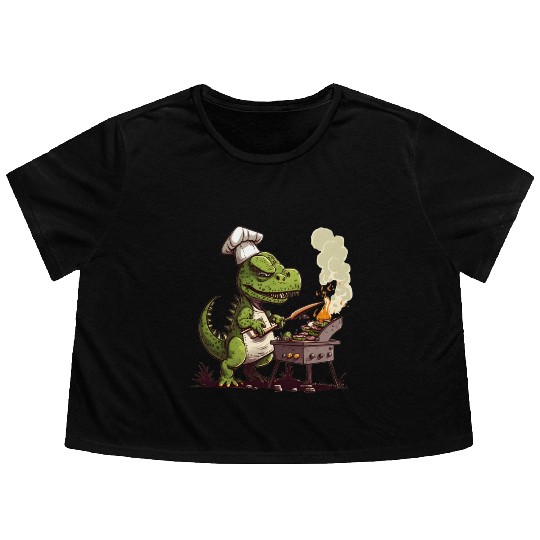 Baby Dinosaur Using A Charcoal Grill Cooking Meat Flowy Cropped Tees