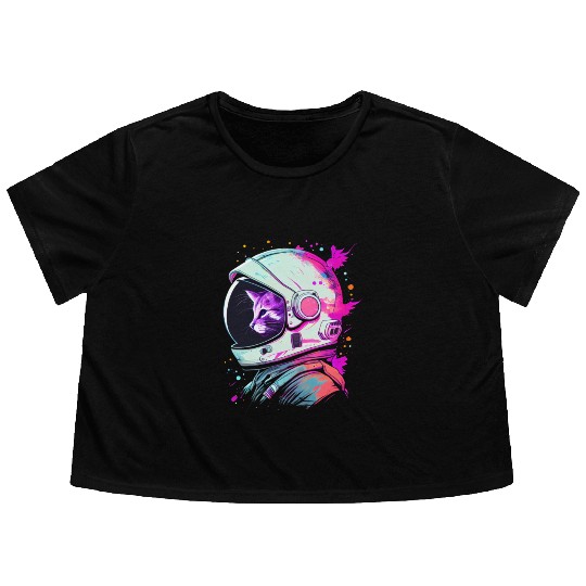 Aesthetic Vaporwave Space Cat 80s 90s Astronaut Flowy Cropped Tees