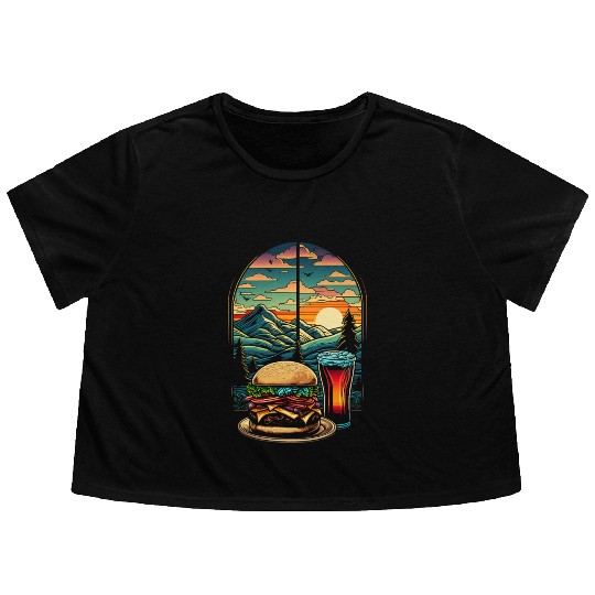 Church window with hamburger burger and drink Flowy Cropped Tees