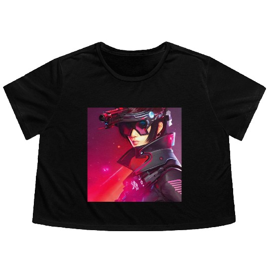 Cyberpunk Girl red Neon light Flowy Cropped Tees