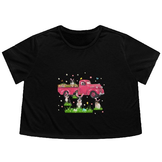 Truck With Border Collie Dogs Lover Bunny Easter Flowy Cropped Tees