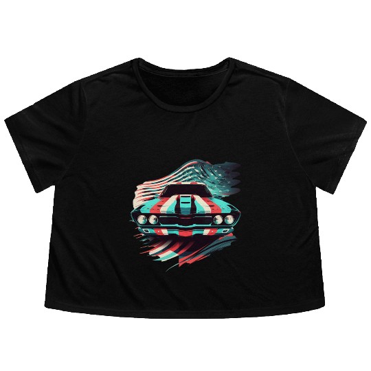 Muscle car american flag backround Flowy Cropped Tees