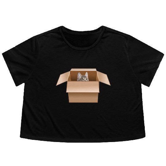Tabby Kitten Peeking from Cardboard Box Flowy Cropped Tees