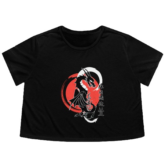 Black dragon, red moon Flowy Cropped Tees