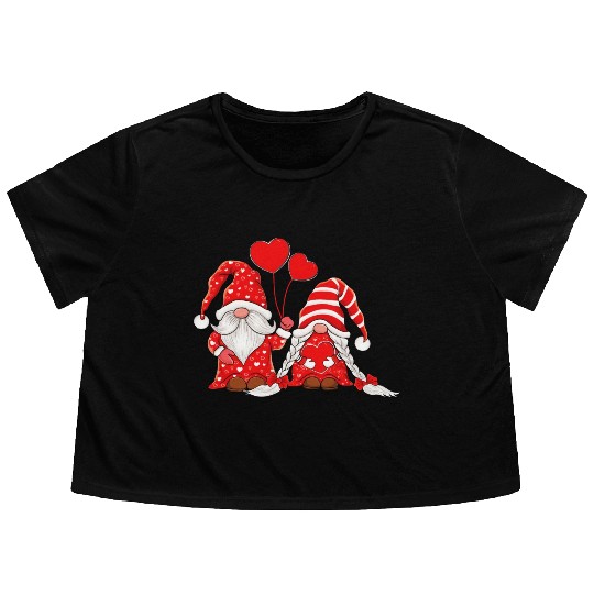 Gnomes Couple Holding Hearts Love Pattern Flowy Cropped Tees