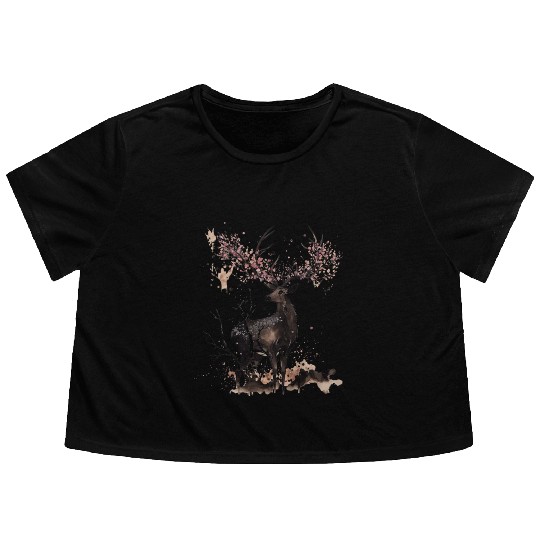 Deer Cherry blossoms Sakura tree Sumie Flowy Cropped Tees