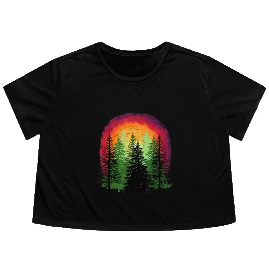Forest sunrise sunset nature trees Flowy Cropped Tees
