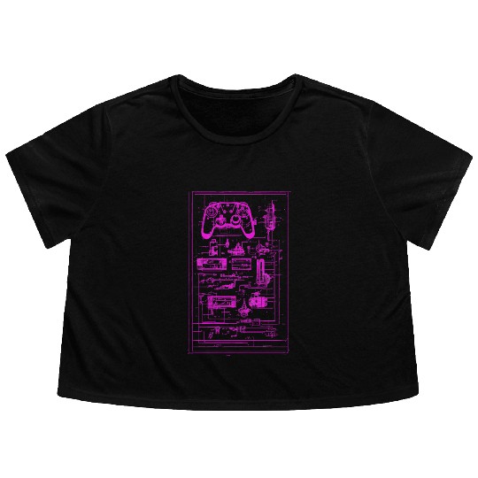 Neon Pink Video Game Controller Blueprint Flowy Cropped Tees
