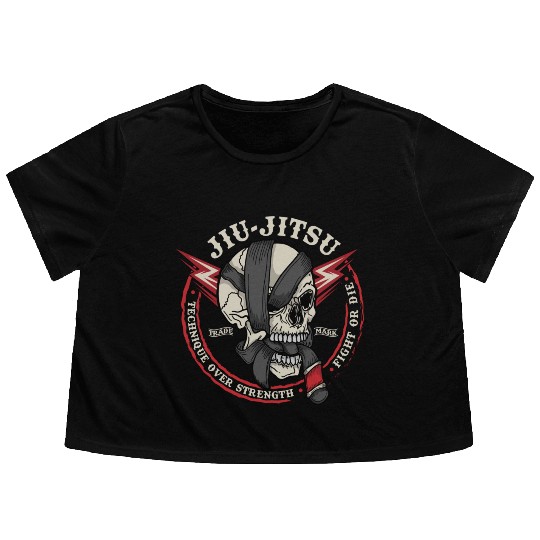 BJJ Skull - Fight or Die, Technique Over Strength Flowy Cropped Tees