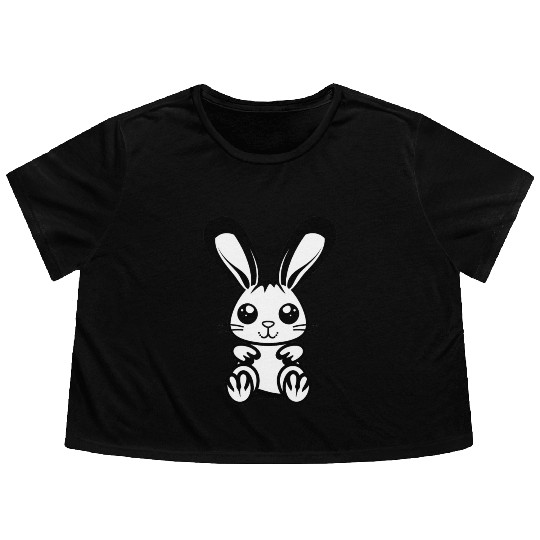 Adorable 2D Easter Bunny with a Bold Black Outline Flowy Cropped Tees