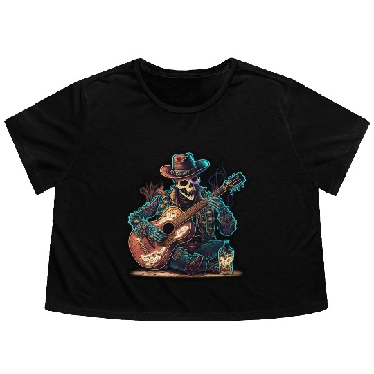 cowboy skeleton play guitar Flowy Cropped Tees