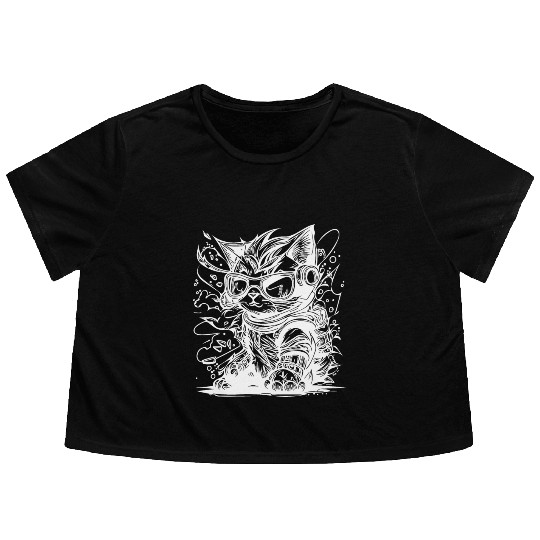 Little Cool Space Cat Splash Tattoo Style Flowy Cropped Tees