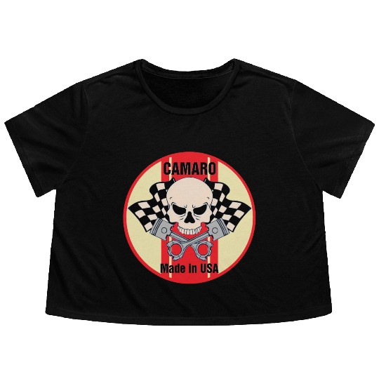 Camaro Made in USA skull & pistons Flowy Cropped Tees
