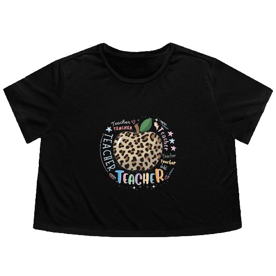 Teacher Typography Leopard Back to School Flowy Cropped Tees