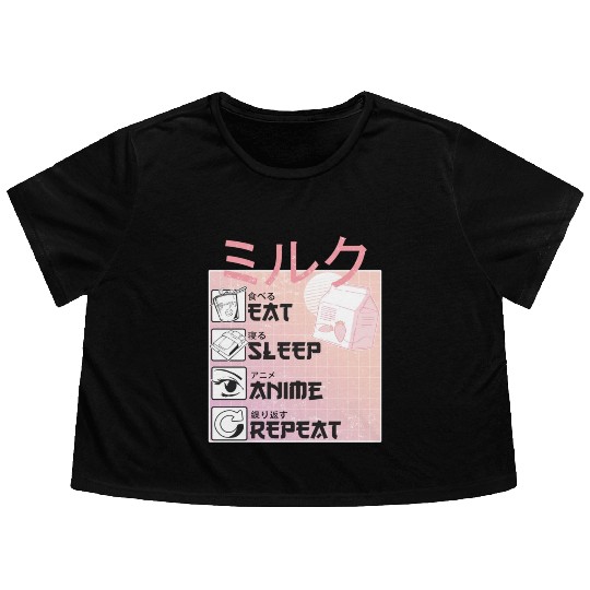 Eat Sleep Anime Repeat Straweberry Milk Japanese Flowy Cropped Tees